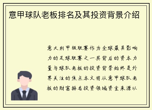 意甲球队老板排名及其投资背景介绍